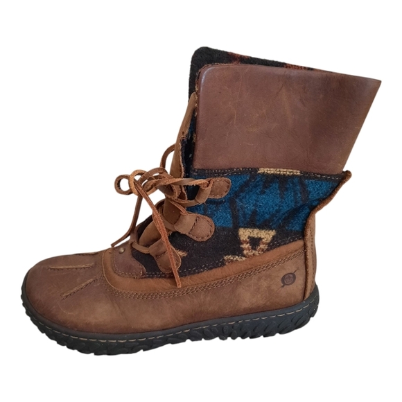 Born Kelisa Brown Leather Aztec Felt Lace-up Combat Boots Size 6.5 - Picture 1 of 12